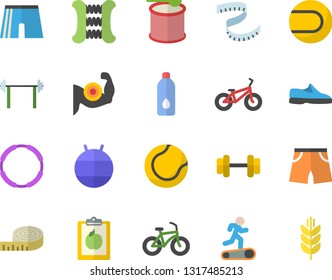 Color flat icon set dumbbell flat vector, barbell, sneakers, diet, centimeter, muscles, bicycle, carpal expander, athletic shorts, tennis ball, fitball, Treadmill, steroids, water, hoop