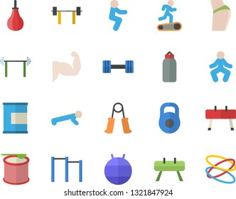 Color flat icon set dumbbell flat vector, barbell, weight, muscles, buttocks, carpal expander, parallel bars, sports equipment horse, pear, fitball, Treadmill, gymnastics, squats, push up, proteins