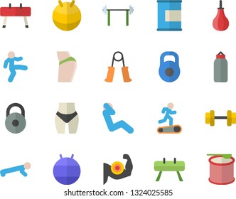 Color flat icon set dumbbell flat vector, barbell, weight, muscles, buttocks, waistline, carpal expander, sports equipment horse, pear, fitball, Treadmill, gymnastics, push up, swing press, proteins