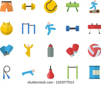 Color flat icon set dumbbell flat vector, volleyball, skipping rope, parallel bars, sports equipment horse, pear, athletic shorts, tennis ball, fitball, boxing gloves, Treadmill, gymnastics, push up