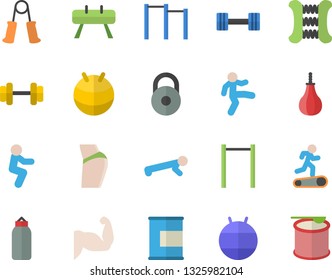 Color flat icon set dumbbell flat vector, weight, muscles, buttocks, carpal expander, parallel bars, sports equipment horse, pear, fitball, Treadmill, gymnastics, squats, push up, proteins, steroids