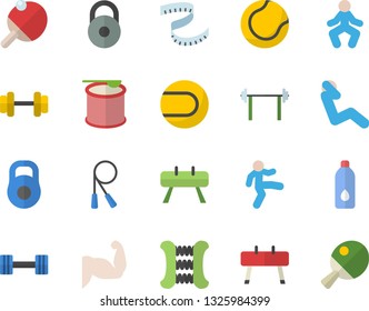Color flat icon set dumbbell flat vector, barbell, weight, centimeter, muscles, skipping rope, carpal expander, sports equipment horse, tennis ball, gymnastics, swing press, steroids, water, table