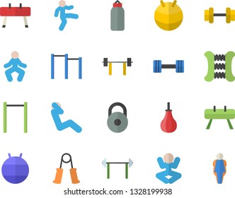 Color flat icon set dumbbell flat vector, barbell, weight, carpal expander, parallel bars, sports equipment horse, pear, fitball, yoga, gymnastics, swing press, size