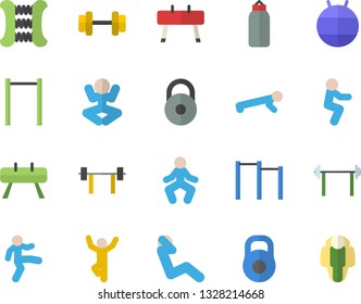 Color flat icon set dumbbell flat vector, barbell, weight, carpal expander, parallel bars, sports equipment horse, pear, fitball, yoga, gymnastics, squats, push up, swing press, lose