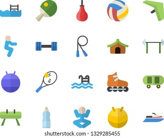 Color flat icon set dumbbell flat vector, barbell, skateboard, volleyball, skipping rope, sports equipment horse, pear, fitball, roller Skates, yoga, squats, water, pool, table tennis, tent, scooter