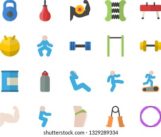 Color flat icon set dumbbell flat vector, weight, muscles, buttocks, carpal expander, parallel bars, sports equipment horse, pear, fitball, Treadmill, gymnastics, squats, swing press, proteins, hoop