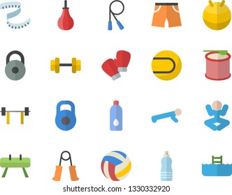 Color flat icon set dumbbell flat vector, barbell, weight, volleyball, centimeter, skipping rope, carpal expander, sports equipment horse, pear, athletic shorts, tennis ball, fitball, boxing gloves