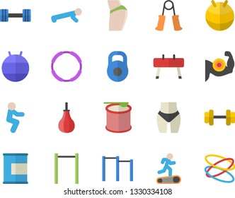 Color flat icon set dumbbell flat vector, weight, muscles, buttocks, waistline, carpal expander, parallel bars, sports equipment horse, pear, fitball, Treadmill, squats, push up, proteins, steroids