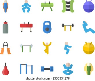 Color flat icon set dumbbell flat vector, barbell, weight, carpal expander, parallel bars, sports equipment horse, pear, fitball, yoga, gymnastics, squats, swing press, size, lose