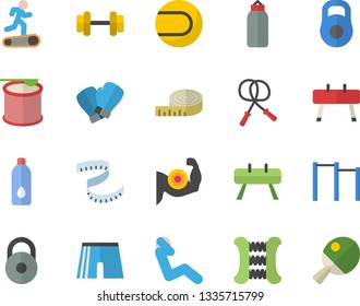 Color flat icon set dumbbell flat vector, weight, centimeter, muscles, skipping rope, carpal expander, parallel bars, sports equipment horse, pear, athletic shorts, tennis ball, boxing gloves, water