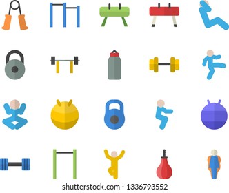 Color flat icon set dumbbell flat vector, barbell, weight, carpal expander, parallel bars, sports equipment horse, pear, fitball, yoga, gymnastics, squats, swing press, size