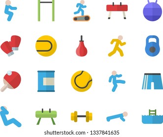 Color flat icon set dumbbell flat vector, weight, parallel bars, sports equipment horse, pear, athletic shorts, tennis ball, fitball, boxing gloves, Treadmill, gymnastics, squats, push up, run