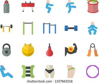 Color flat icon set dumbbell flat vector, barbell, weight, muscles, buttocks, waistline, carpal expander, parallel bars, sports equipment horse, pear, fitball, gymnastics, squats, swing press, hoop