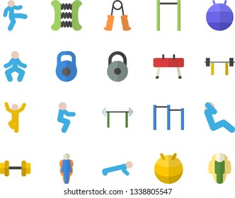 Color flat icon set dumbbell flat vector, barbell, weight, carpal expander, parallel bars, sports equipment horse, fitball, gymnastics, squats, push up, swing press, size, lose