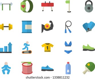 Color flat icon set dumbbell flat vector, barbell, weight, sneakers, achievement chart, muscles, skipping rope, sports equipment horse, flag, boxing gloves, swimsuit, sport T shirt, Treadmill, water