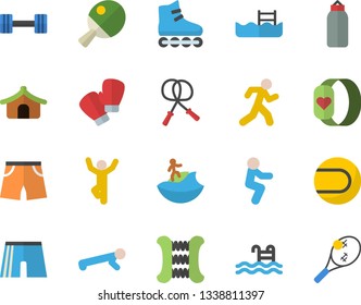 Color flat icon set dumbbell flat vector, skipping rope, carpal expander, sports pear, athletic shorts, tennis ball, boxing gloves, roller Skates, squats, push up, gymnastics, run, pool, table