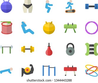 Color flat icon set dumbbell flat vector, barbell, weight, muscles, waistline, carpal expander, parallel bars, sports equipment horse, pear, fitball, Treadmill, squats, push up, swing press, hoop