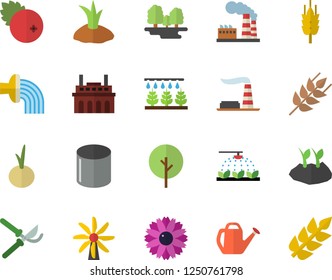 Color flat icon set ear flat vector, onion, cranberry, tree, flower, sprinkling machine, secateurs, watering can, planting plants, hose irrigation, windmill, factory, forest, plant, pipe production