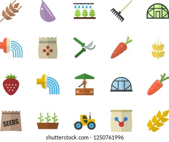 Color flat icon set ear flat vector, garlic, Strawberry, seeds, well, carrot, tractor, sprinkling machine, secateurs, rake, hose irrigation, seedlings, greenhouse, fertilizer vectory
