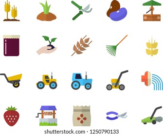 Color flat icon set ear flat vector, legumes, jam, Strawberry, seeds, well, tractor, secateurs, seedlings, rake, planting plants, hose irrigation, garden wheelbarrow, lawn mower
