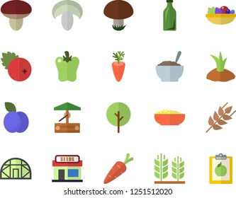 Color flat icon set ear flat vector, mushroom, salad, porridge, carrot, bell pepper, cranberry, plum, well, tree, grain warehouse, planting plants, greenhouse, glass bottles, diet
