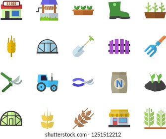 Color flat icon set ear flat vector, fertilizer vectory, well, grain warehouse, tractor, pitchfork, shovel, fence, secateurs, planting plants, gumboots, seedlings, greenhouse