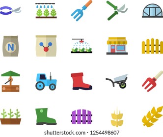 Color flat icon set ear flat vector, fertilizer vectory, well, grain warehouse, tractor, sprinkling machine, pitchfork, fence, secateurs, garden wheelbarrow, gumboots, seedlings, greenhouse