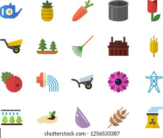 Color flat icon set ear flat vector, garlic, cranberry, pineapple, carrot, flower, sprinkling machine, seedlings, rake, watering can, hose irrigation, garden wheelbarrow, tulip, forest, plant