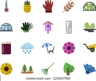 Color flat icon set ear flat vector, jam, pineapple, thermometer, nesting box, tree, flower, rake, garden wheelbarrow, gloves, rain, greenhouse, forest, chaise lounge fector, flippers