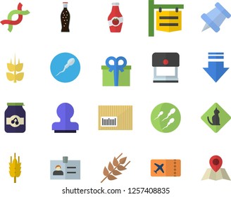 Color flat icon set ear flat vector, lemonade, jam, ketchup, signboard, present, barcode, DNA, sperm, stamp, pushpin, ticket fector, pets allowed, download, badge, location