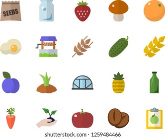 Color flat icon set ear flat vector, mushroom, coffee beans, carrot, tomato, cucumber, scrambled eggs, Strawberry, pineapple, plum, orange, seeds, well, seedlings, planting plants, greenhouse, diet
