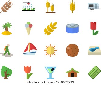 Color flat icon set ear flat vector, canned food, cutlet, ice cream, cocktail, tree, sprinkling machine, tulip, sun, pool, sailboat, trailer fector, hike, tent, island, inflatable mattress