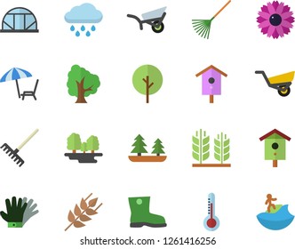 Color flat icon set ear flat vector, thermometer, nesting box, tree, flower, rake, garden wheelbarrow, gumboots, gloves, rain, greenhouse, forest, chaise lounge fector, surfing