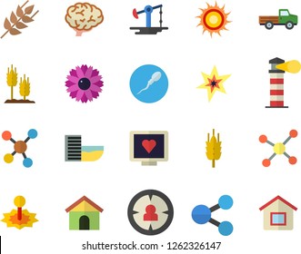Color flat icon set ear flat vector, pickup truck, flower, oil pumping, laser, lighthouse, target audience, molecules, computer diagnostics of health, sperm, molecule, spark, brain, sun, house