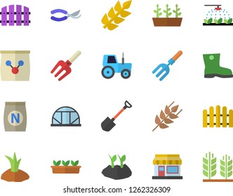 Color flat icon set ear flat vector, fertilizer vectory, grain warehouse, tractor, sprinkling machine, pitchfork, shovel, fence, secateurs, planting plants, gumboots, seedlings, greenhouse