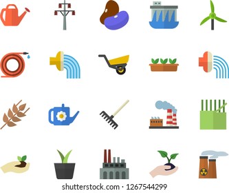 Color flat icon set ear flat vector, legumes, home plant, hose, seedlings, rake, watering can, irrigation, garden wheelbarrow, windmill, factory, power line support, hydroelectric station, nuclear