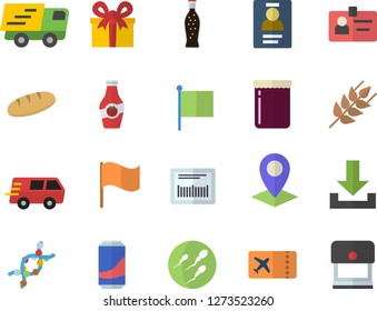Color flat icon set ear flat vector, bread, lemonade, jam, ketchup, location, flag, present, trucking, barcode, DNA, sperm, badge, ticket fector, download, stamp
