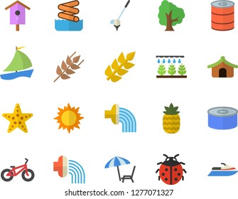 Color flat icon set ear flat vector, canned food, pineapple, nesting box, tree, ladybird, sprinkling machine, hose irrigation, sun, sailboat, bicycle, tent fector, chaise lounge, starfish, aquapark