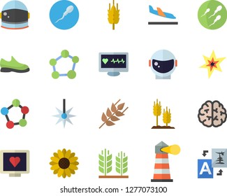 Color flat icon set ear flat vector, flower, laser, lighthouse, computer diagnostics of health, molecules, sperm, molecule, spark, brain, astronaut helmet fector, sneakers, arrival, translate