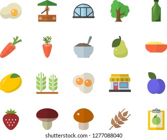 Color flat icon set ear flat vector, lemon, mushroom, porridge, carrot, scrambled eggs, Strawberry, plum, pear, well, tree, grain warehouse, greenhouse, glass bottles, diet
