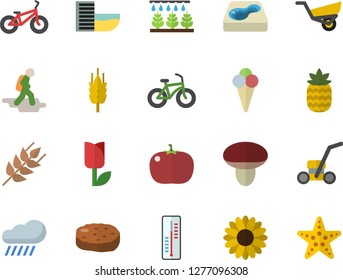 Color flat icon set ear flat vector, cutlet, tomato, ice cream, pineapple, mushroom, thermometer, flower, sprinkling machine, garden wheelbarrow, tulip, lawn mower, rain, pool, bicycle, hike fector
