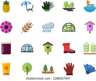 Color flat icon set ear flat vector, jam, pineapple, nesting box, tree, flower, gumboots, gloves, rain, greenhouse, forest, chaise lounge fector, sun protection cream, surfing, flippers