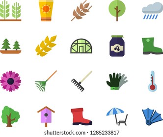 Color flat icon set ear flat vector, jam, thermometer, nesting box, tree, flower, rake, gumboots, gloves, rain, greenhouse, forest, chaise lounge fector, sun protection cream, flippers