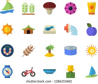 Color flat icon set ear flat vector, canned food, plum, mushroom, flower, hose irrigation, sun, pool, sailboat, bicycle, tent fector, get luggage, sea beach, protection cream, island, compass