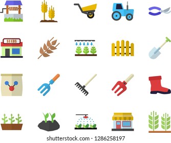 Color flat icon set ear flat vector, well, grain warehouse, tractor, sprinkling machine, pitchfork, shovel, fence, secateurs, rake, planting plants, garden wheelbarrow, gumboots, seedlings