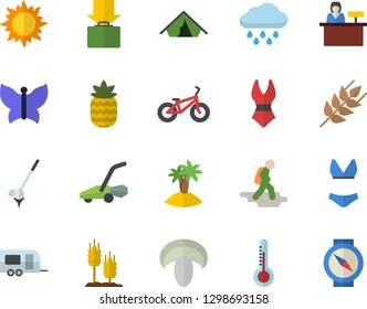 Color flat icon set ear flat vector, mushroom, pineapple, thermometer, sun, butterflies, lawn mower, rain, bicycle, swimsuit, trailer fector, hike, tent, get luggage, island, reception desk, golf