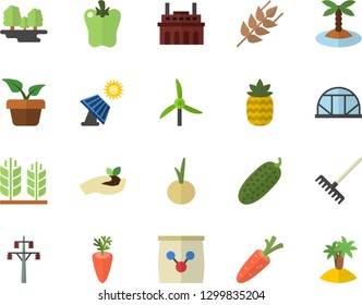Color flat icon set ear flat vector, carrot, onion, bell pepper, cucumber, pineapple, home plant, seedlings, rake, greenhouse, fertilizer vectory, solar battery, windmill, forest, power line support
