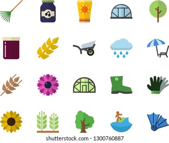 Color flat icon set ear flat vector, jam, tree, flower, rake, garden wheelbarrow, gumboots, gloves, rain, greenhouse, chaise lounge fector, sun protection cream, surfing, flippers