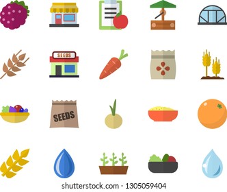 Color flat icon set ear flat vector, salad, porridge, onion, blackberry, orange, seeds, well, carrot, grain warehouse, seedlings, greenhouse, diet, drop
