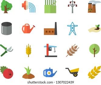 Color flat icon set ear flat vector, cranberry, tree, secateurs, seedlings, watering can, planting plants, hose irrigation, garden wheelbarrow, power line support, manufactory, fabric manufacture